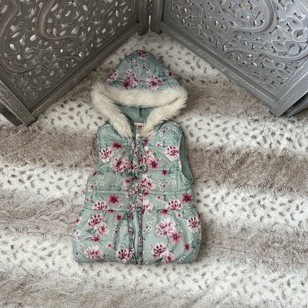 Little Lass pastel floral puffer hoodie jacket girls 4T faux fur girlhoodcore